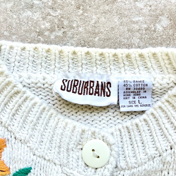 Vintage Knitted Patchwork Cardigan Women’s Red White Blue Fruits Sunflower Large - Picture 7 of 12